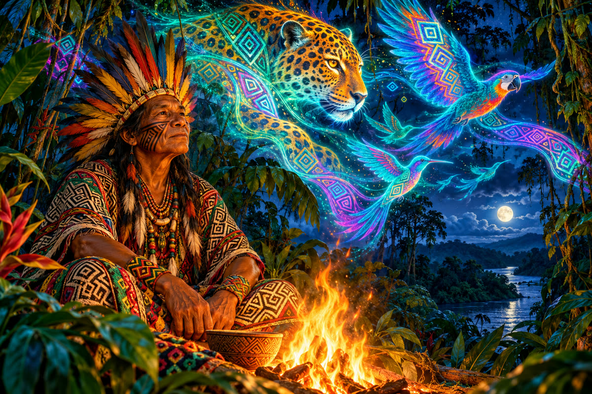 Шаман слушает ночные джунгли у костра. A shaman listening to the night jungle by a fire.