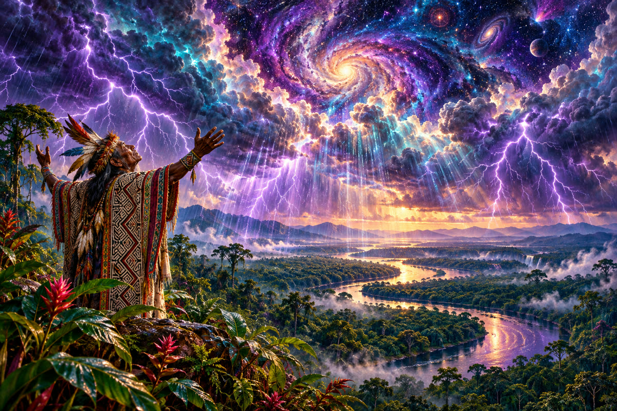 Шаман под грозовым звёздным небом над Амазонией. A shaman under a stormy starry sky over the Amazon.