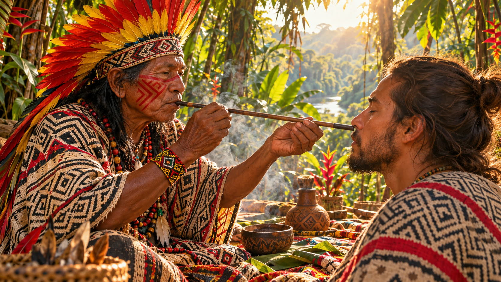 Старейшина в короне из перьев вдувает рапэ через тепи. An elder in a feather crown serves rapé with a tepi pipe.