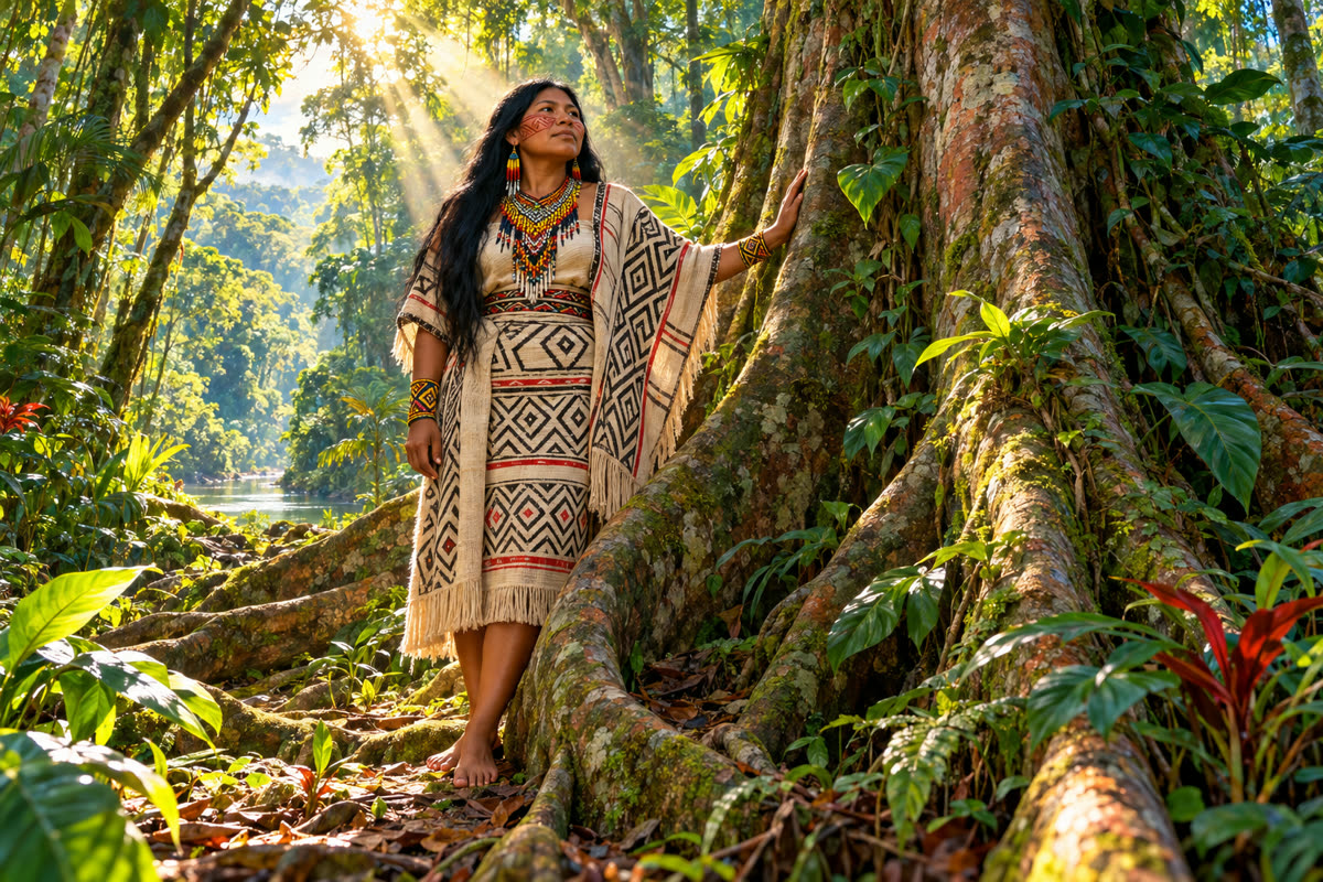 Женщина у корней огромного дерева в джунглях. A woman among the roots of a giant jungle tree.