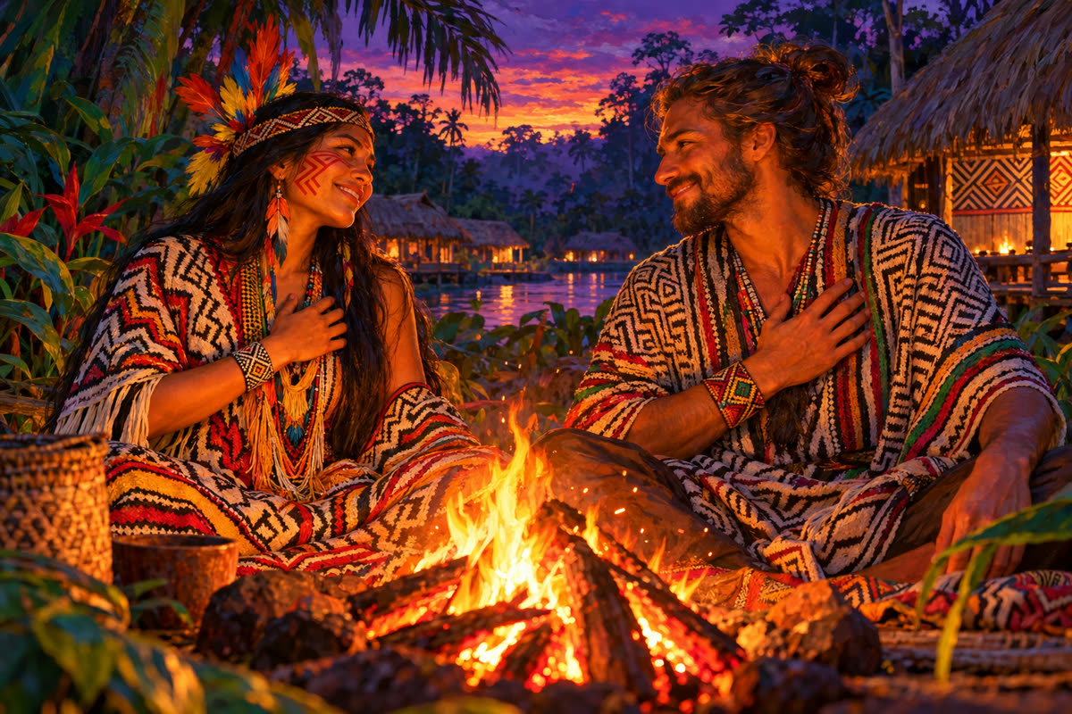 Двое у костра с руками на сердце. Two people by a fire with hands on their hearts.