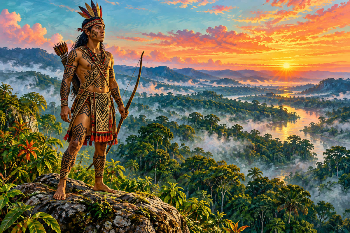 Воин с луком на скале над лесом на рассвете. A warrior with a bow on a rock above the forest at dawn.