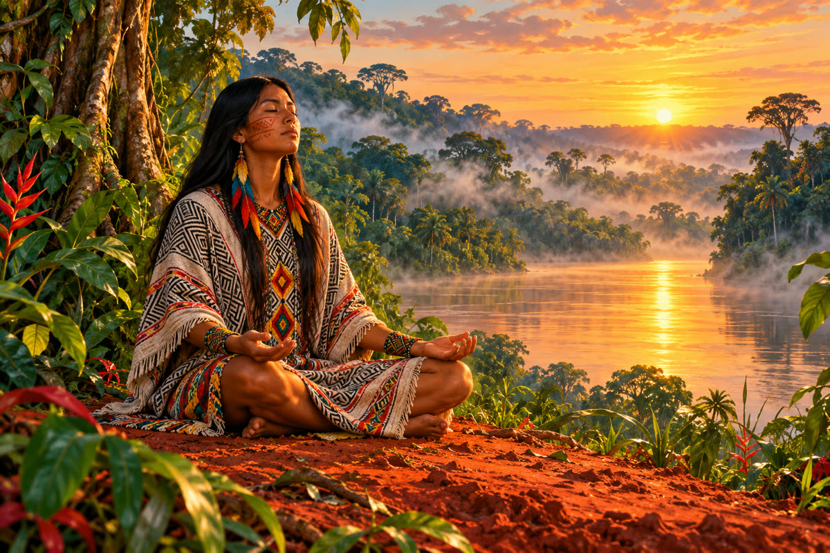 Женщина медитирует на красной земле у реки на рассвете. A woman meditating on red earth by a river at sunrise.
